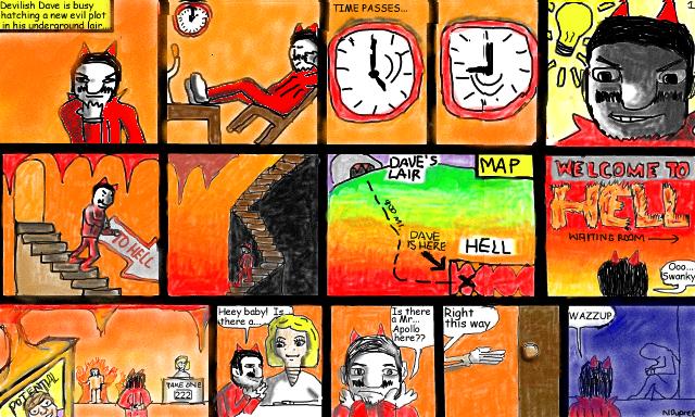 Superdude and The Arrows of Fire, Page 1 Devilish Dave goes to hell to try and find Apollo's arrows