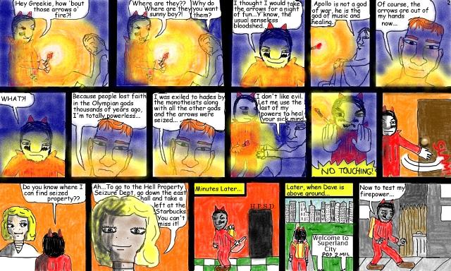 Superdude and The Arrows of Fire, Page 2 Devilish Dave tries to swipe The Arrows of Fire, which have been sequestered in Hell along with the fallen Olympian gods of old