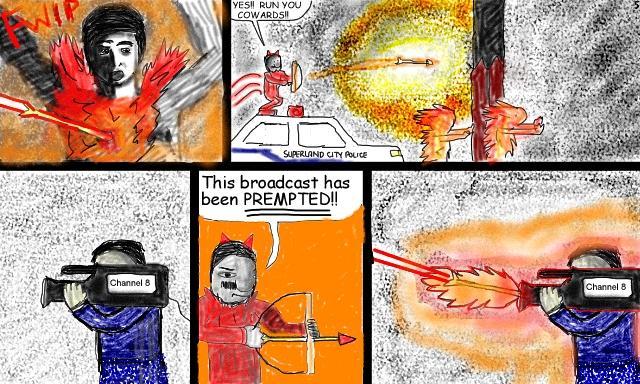 Superdude and The Arrows of Fire, Page 5 Devilish Dave wiping out people with the Arrows of Fire