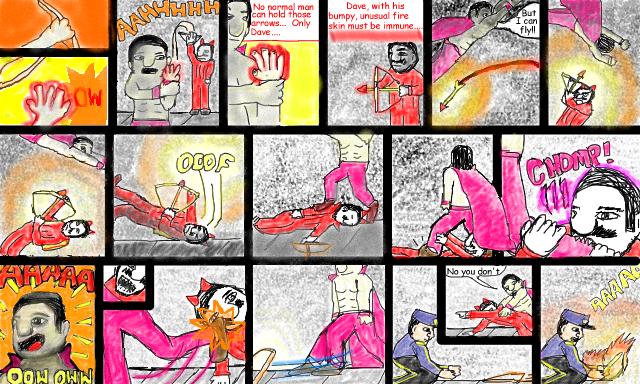Superdude and The Arrows of Fire, Page 7 Superdude finds arrows made of supernatural, elemental fire hard to grasp