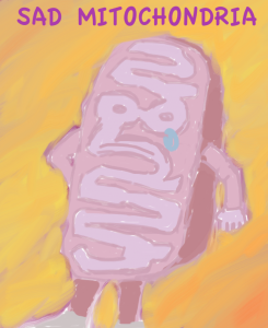 Cartoon of a crying mitochondrion (painted by me). Technically a mitochondrion (singular) but he is representing the sadness of all 1000-2000 mitochondria per cell in my body