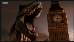 from the beginning moments of the new Doctor Who series opener "Deep Breath," this Tyrannosaur roars at ringing Big Ben clock in London like I'M LOUDER THAN YOU! Epic.