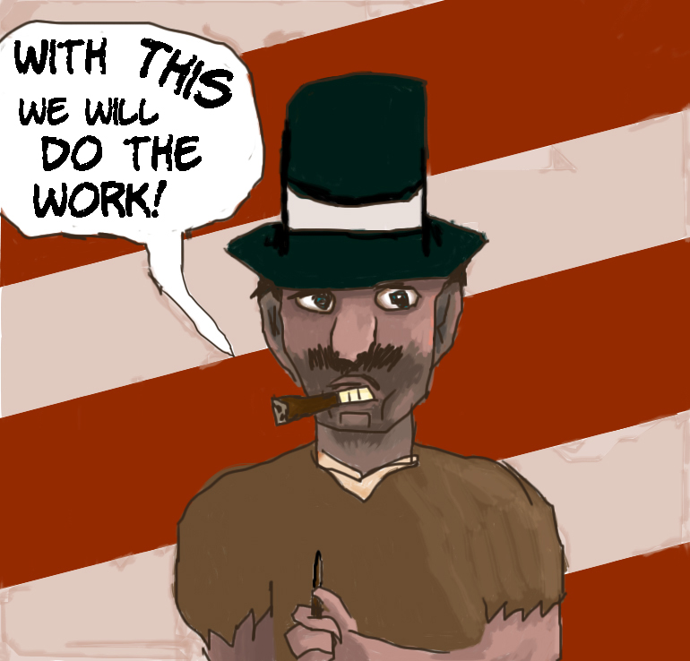 PlugUgly1 Street tough in a top hat, his jawls covered in stubble and holding a homemade cigar, holding a shoemaker's awl